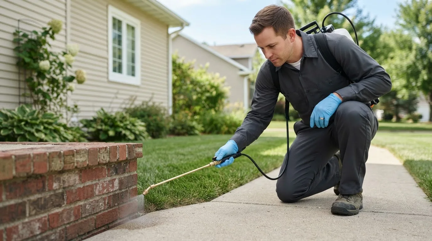 Pest control technician treating a home near Tasley, VA
